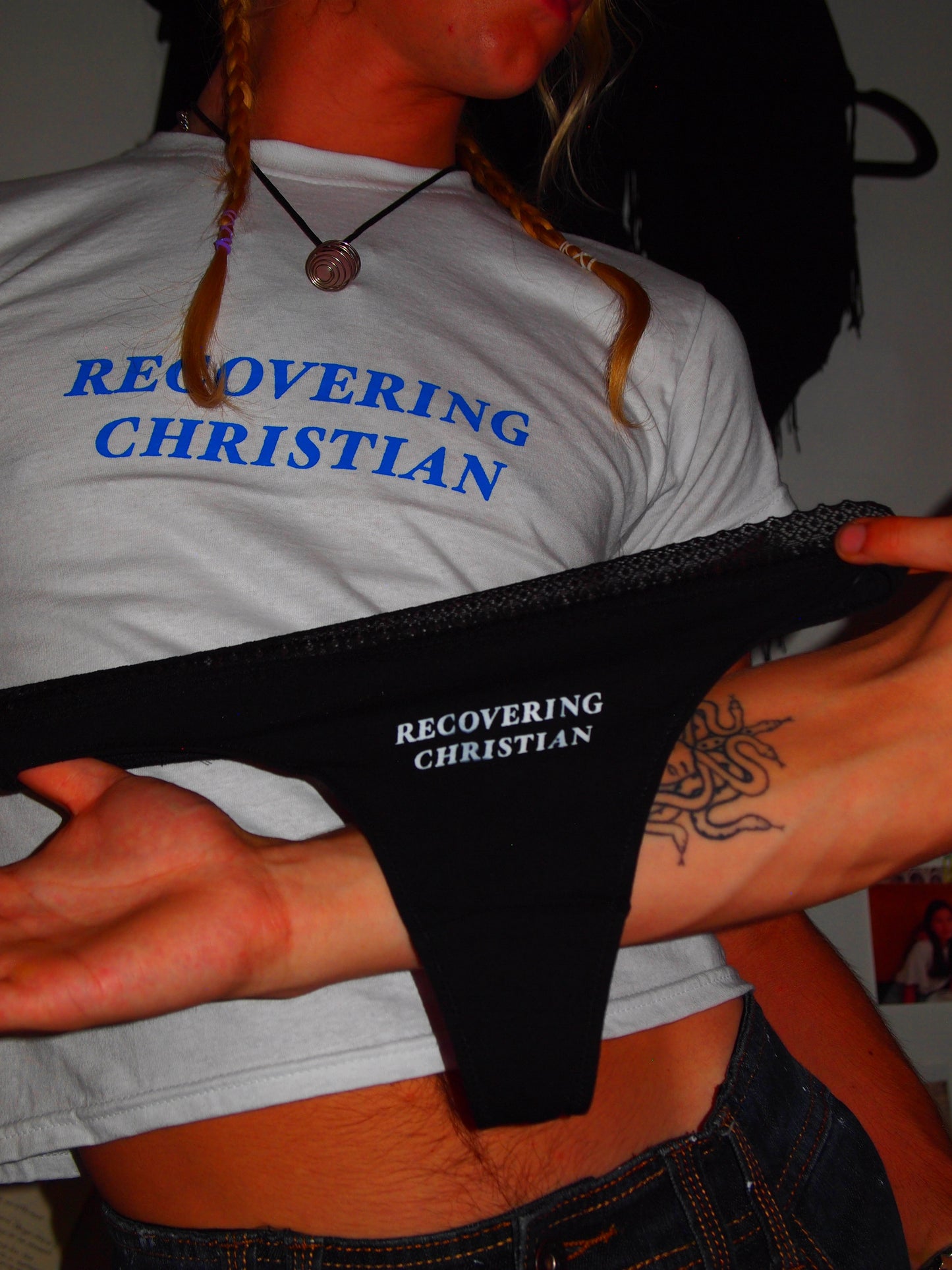 White + blue RECOVERING CHRISTIAN Baby Tee