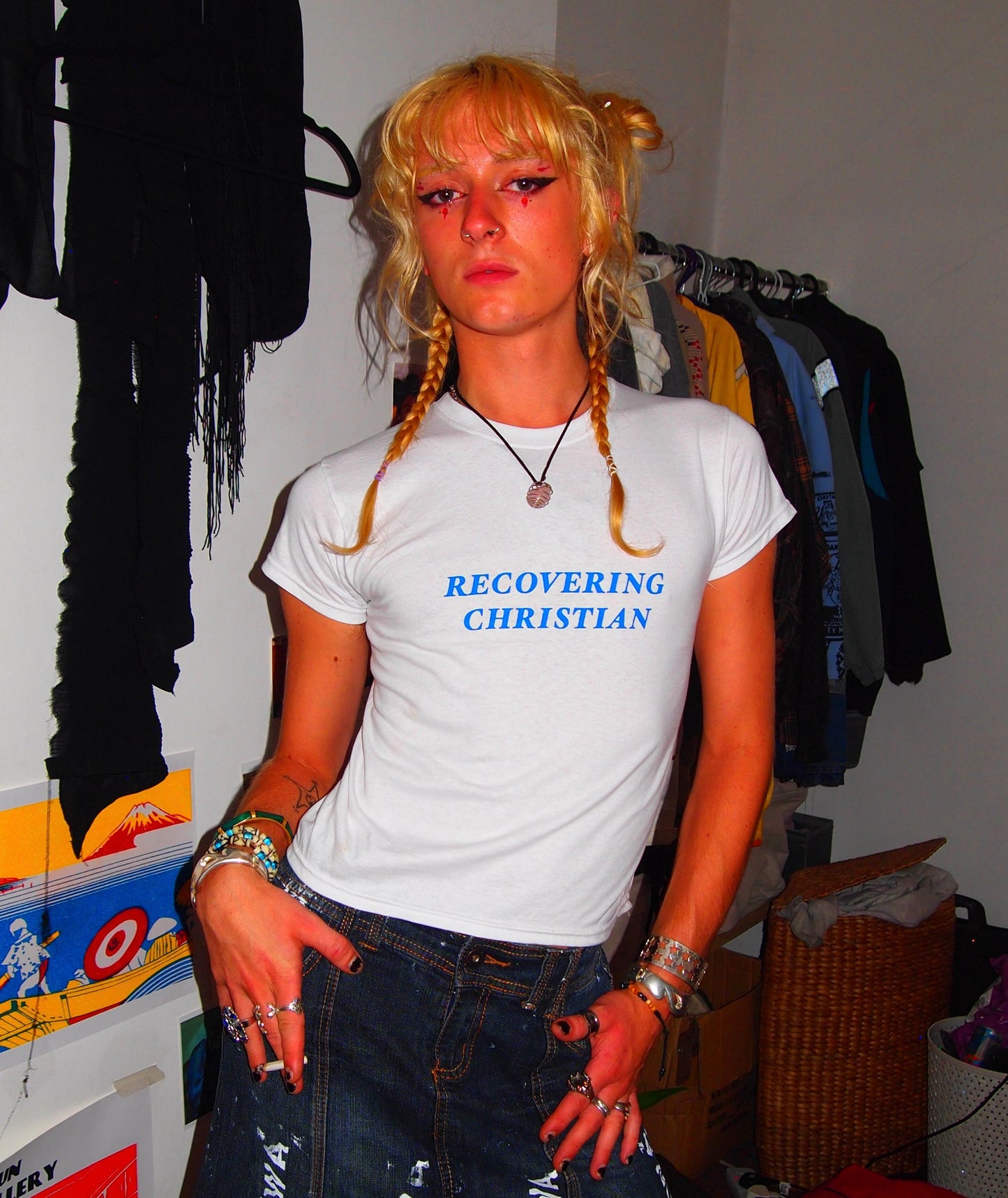 White + blue RECOVERING CHRISTIAN Baby Tee
