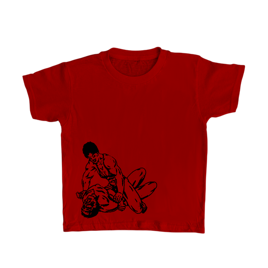 PANCHEEWA red baby tee with black screen-printed wrestling graphic, made from soft 100% organic cotton jersey.