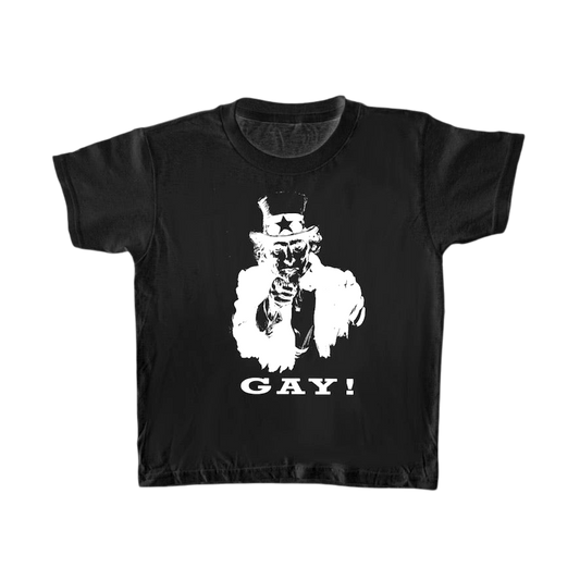 PANCHEEWA black fitted baby tee featuring a white screen-printed Uncle Sam graphic and GAY text in 100% cotton.