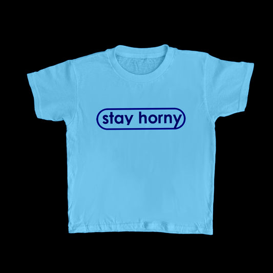 Blue on Blue STAY HORNY Baby Tee