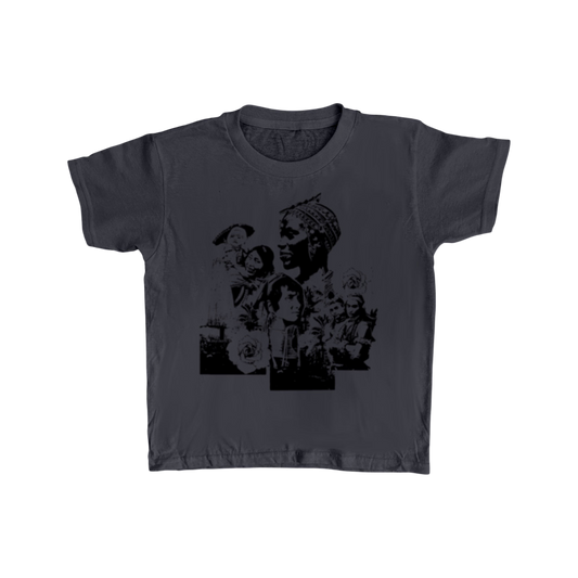 PANCHEEWA charcoal baby tee in 100 percent ringspun cotton featuring a detailed black graphic print on the front.