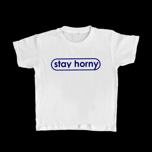 White and Blue STAY HORNY Baby Tee