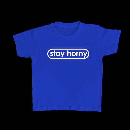 Blue and White STAY HORNY Baby Tee