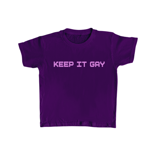 PANCHEEWA purple baby tee with Keep It Gay text in a pixelated font, made from soft 100% ringspun cotton.