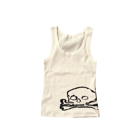 PANCHEEWA white ribbed cotton tank top with a hand-printed black skull and crossbones graphic on the front.