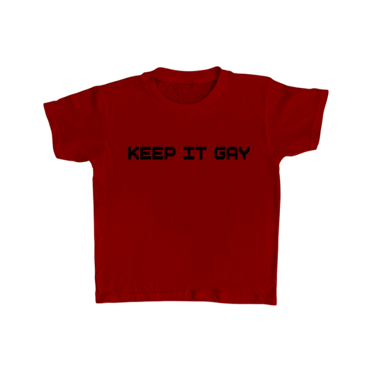 PANCHEEWA red ringspun cotton baby tee with black pixelated Keep It Gay text graphic